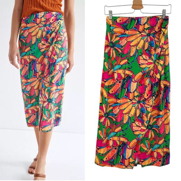 Anthropologie Farm Rio Getaway Midi Skirt Tropical Print Green Pink Size Small